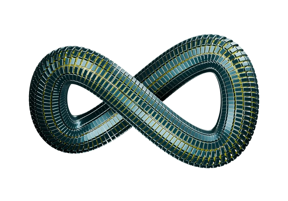 A loop of machined tiles forming an infinity, rendered in dark teal with acid yellow inner faces.