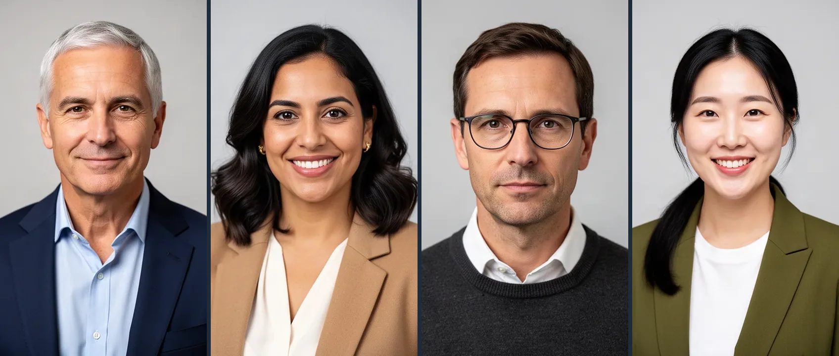 Hollis Reed, Marisol Vega, Owen Hartley and June Park, the four AI Staff.