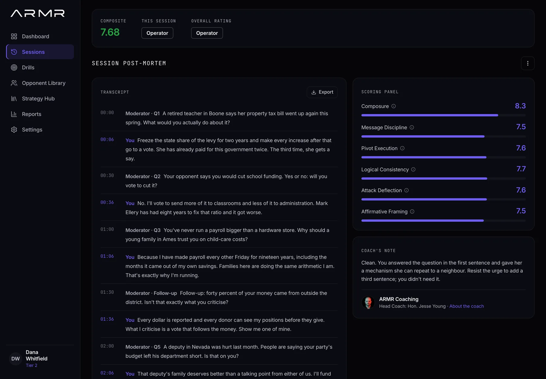 An ARMR session post-mortem: a timestamped transcript of moderator questions and the candidate's spoken answers beside a six-dimension scoring panel and a coach's note.