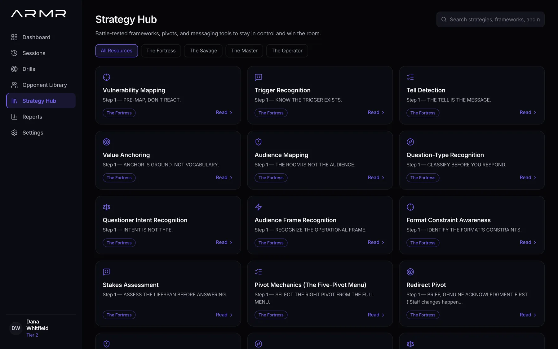 The Strategy Hub: a library of frameworks such as vulnerability mapping, trigger recognition and pivot mechanics.