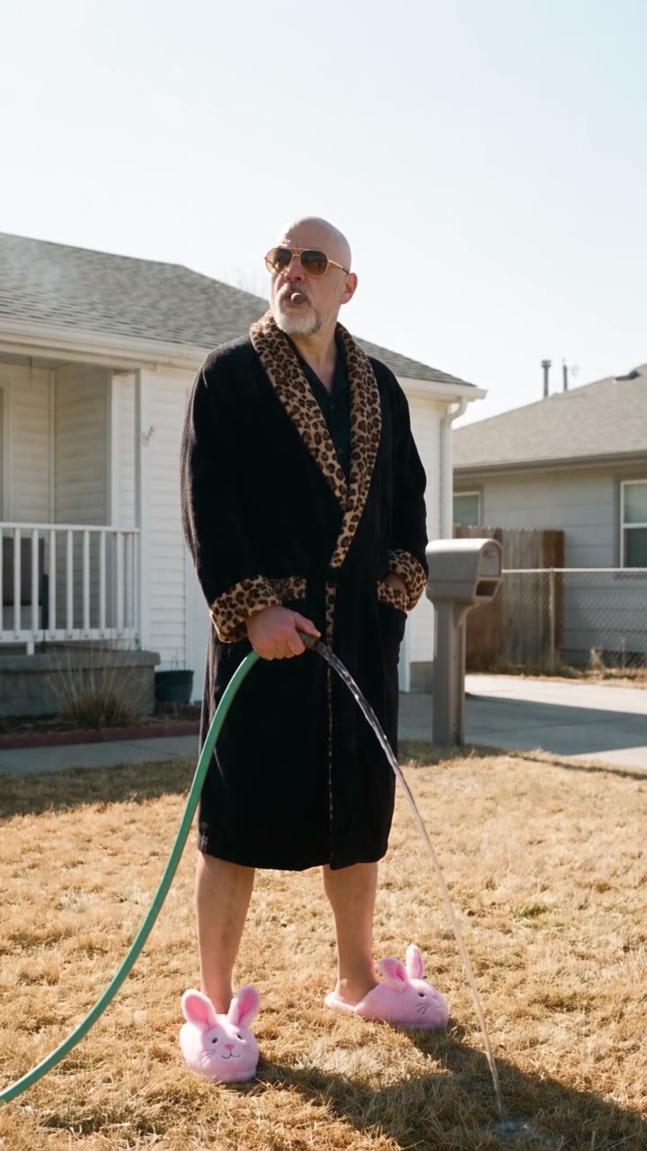 A still from the film: the founder in a leopard-lapel bathrobe and pink bunny slippers, watering a dead lawn with a cigar.
