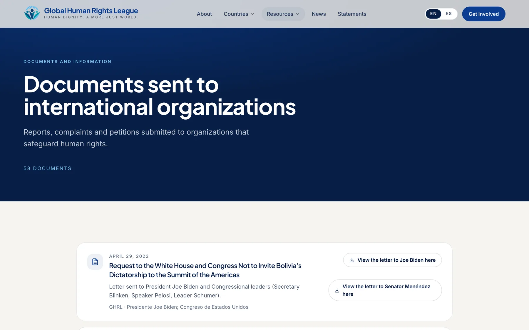 Documents sent to international organisations: reports, complaints and petitions, each with its source.