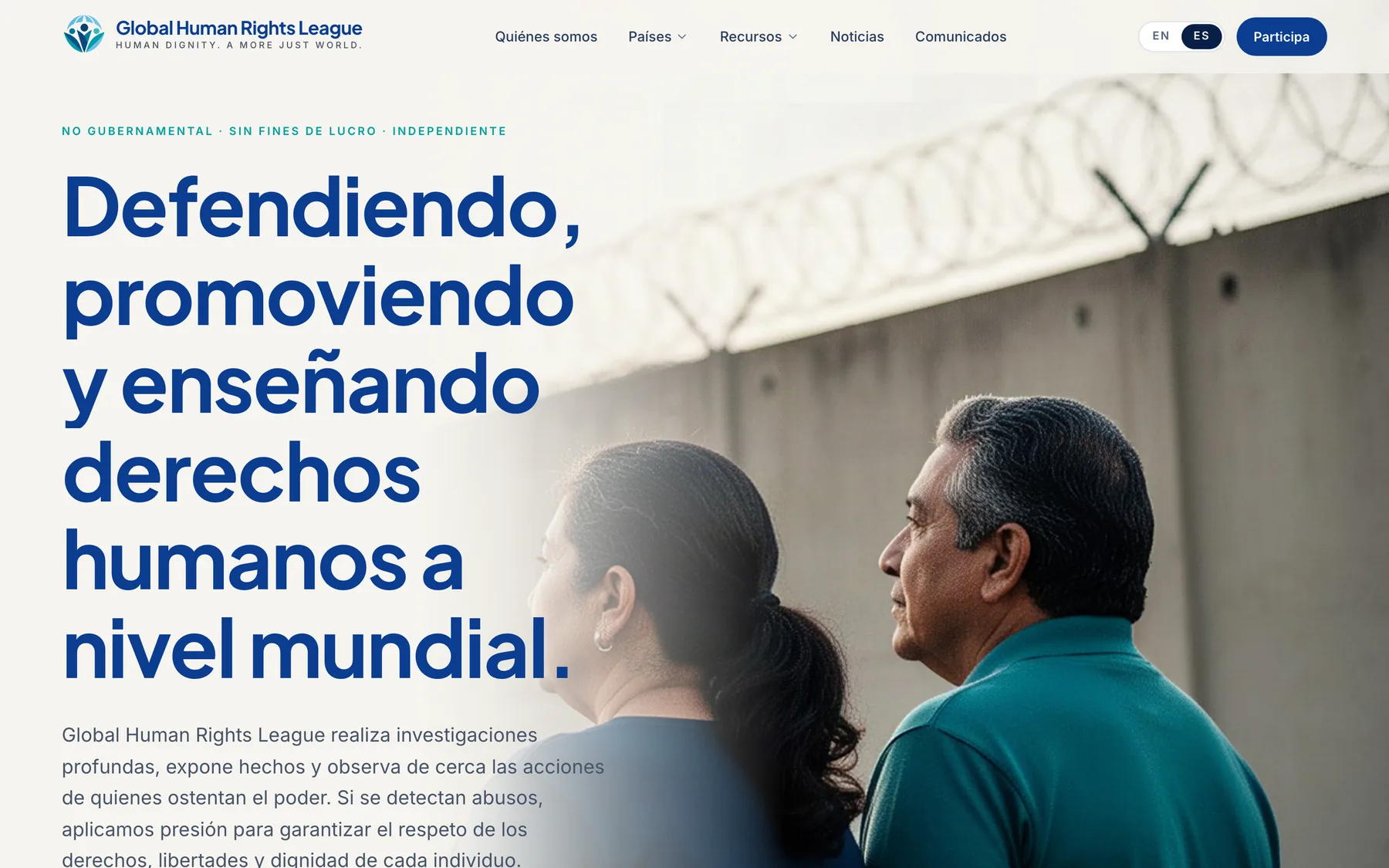 The same homepage in Spanish: Defendiendo, promoviendo y enseñando derechos humanos a nivel mundial.