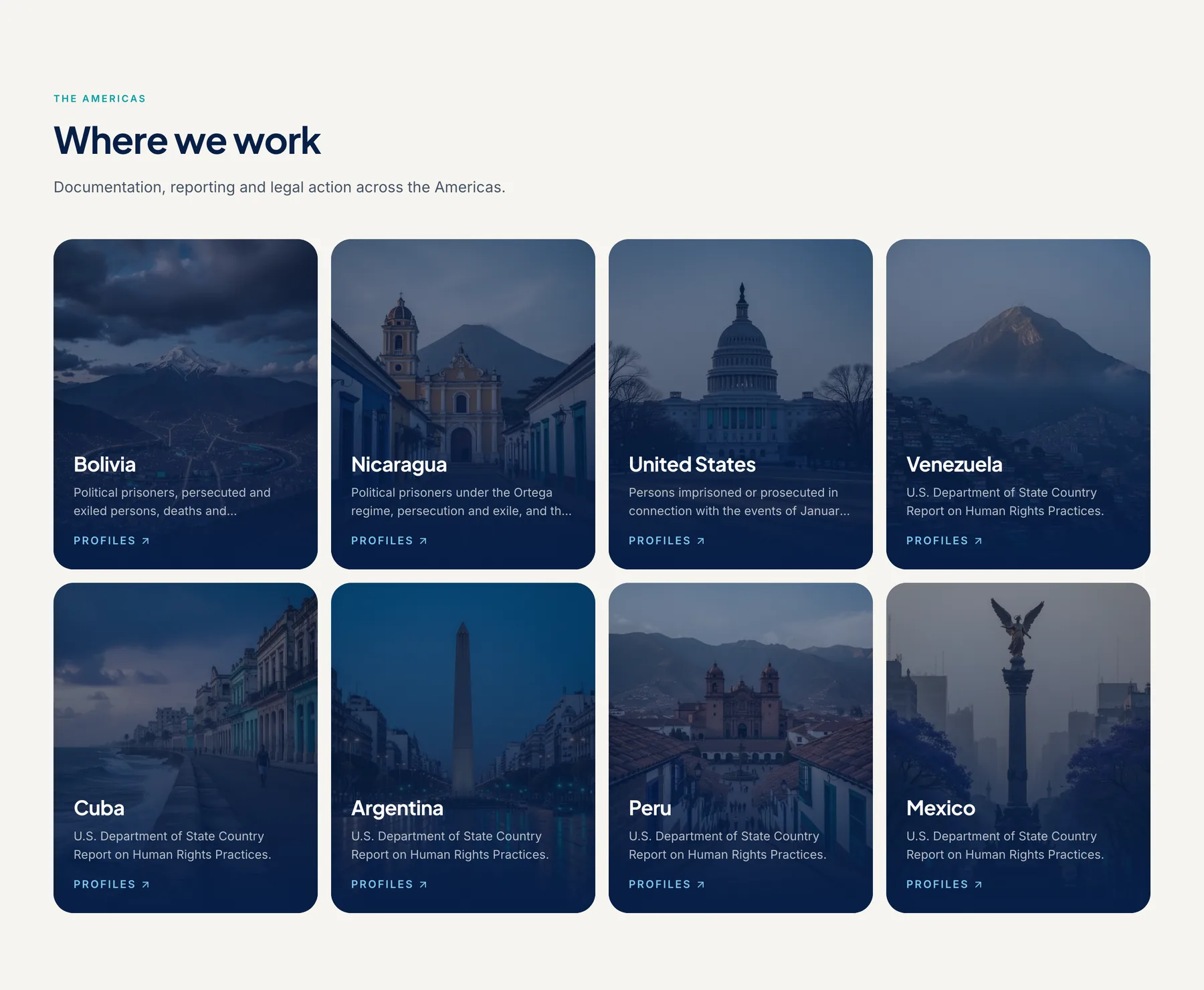 Where we work: eight countries across the Americas, each with its own documentation and profiles.