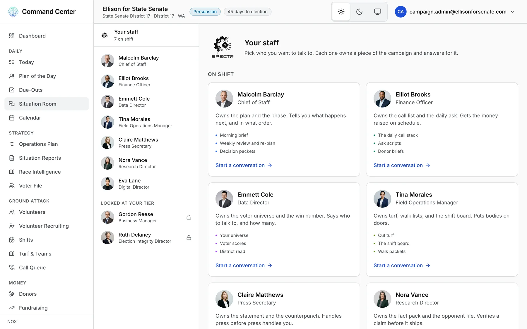 The staff screen: seven seats on shift, from chief of staff to digital director, each with what they own and a button to start a conversation.