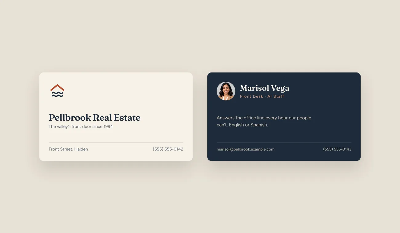 Two business cards: the company card on cream, and Marisol Vega's card on ink, marked Front Desk, AI Staff.