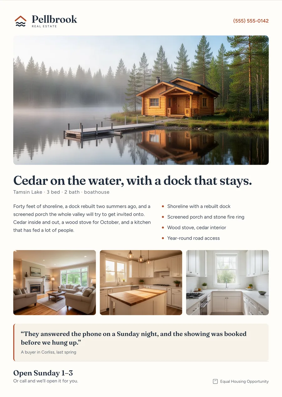 The listing flyer for a lake cabin: hero photograph, headline, features, three interior photographs and a client quote.