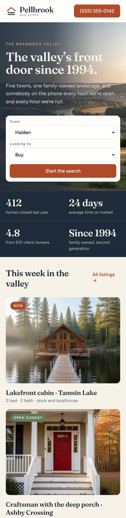 The Pellbrook website on a phone: the hero, the search, listings and the staff, stacked.