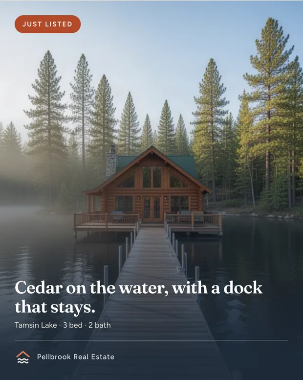 Social post: JUST LISTED, a lake cabin at dusk, the headline about a dock that stays.
