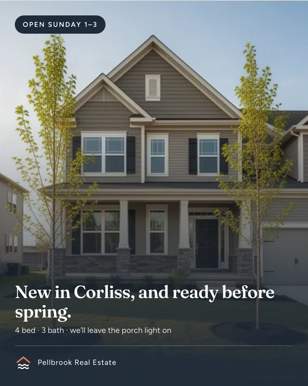Social post: OPEN SUNDAY 1 to 3, a new build in Corliss.