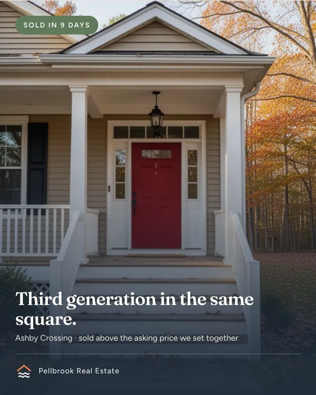 Social post: SOLD IN 9 DAYS, a craftsman porch with a red door.