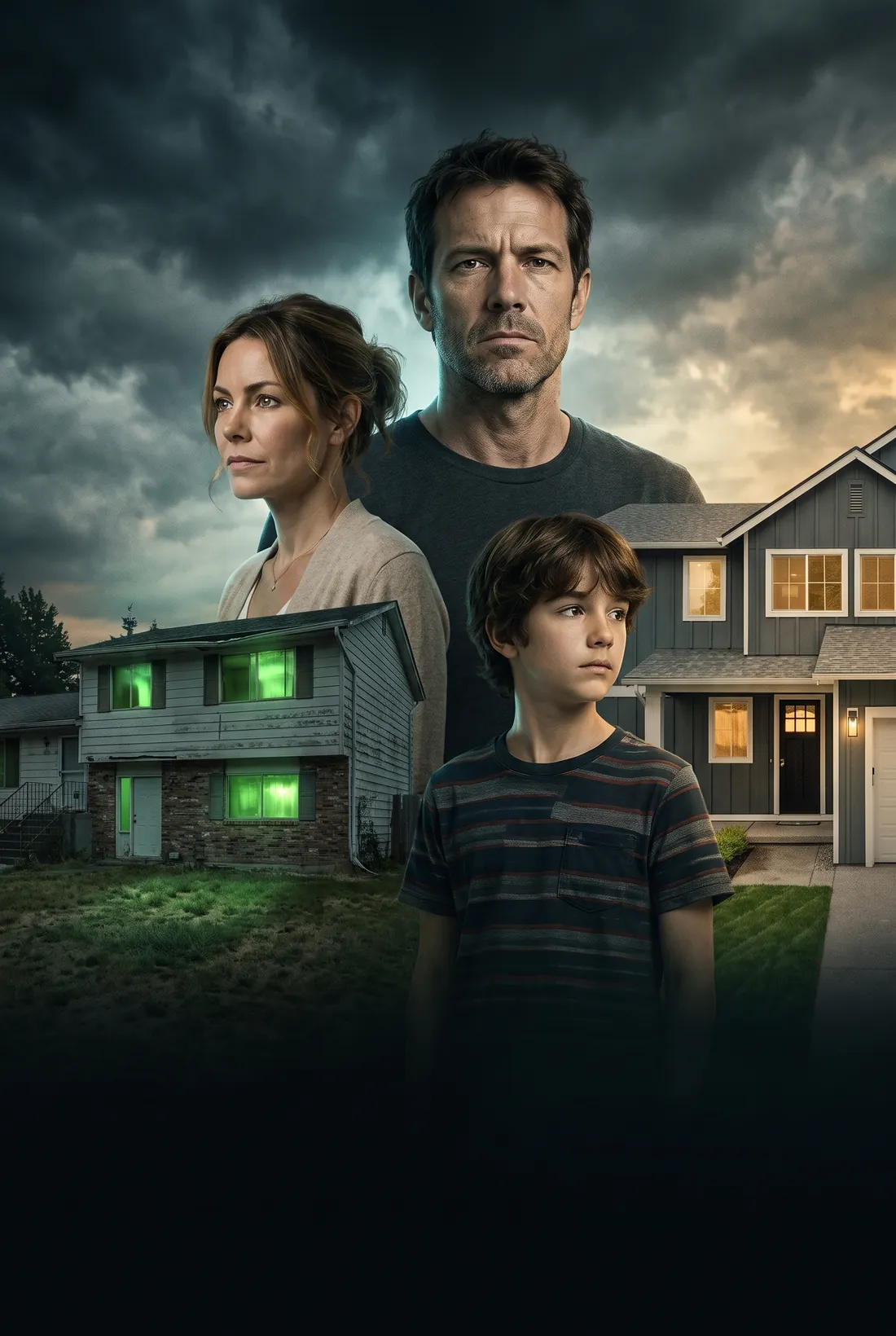Movie-poster key art: a stern family in front of a new house, their old house behind them glowing a toxic green.