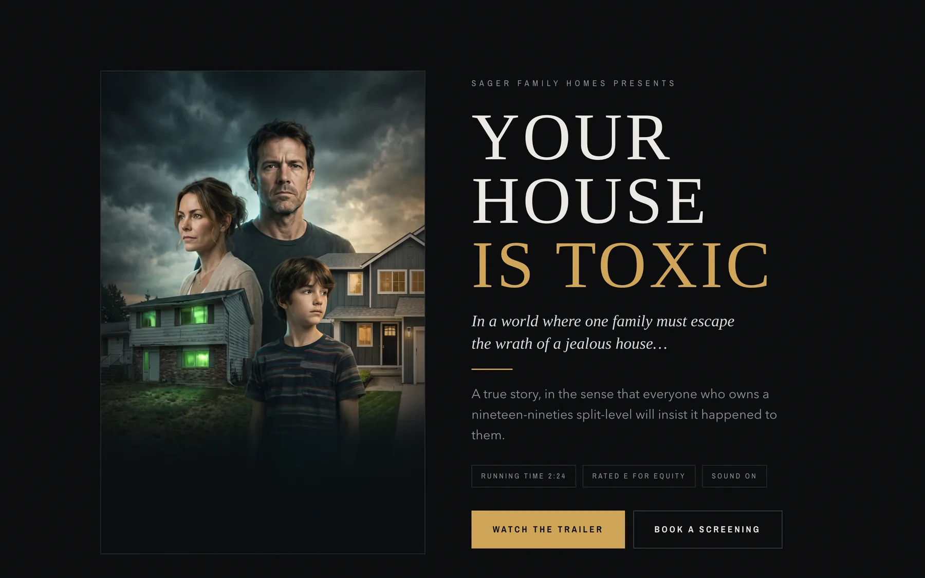 The Evelyn Heights site: the film's poster beside the title Your House Is Toxic, with Watch the trailer and Book a screening buttons.